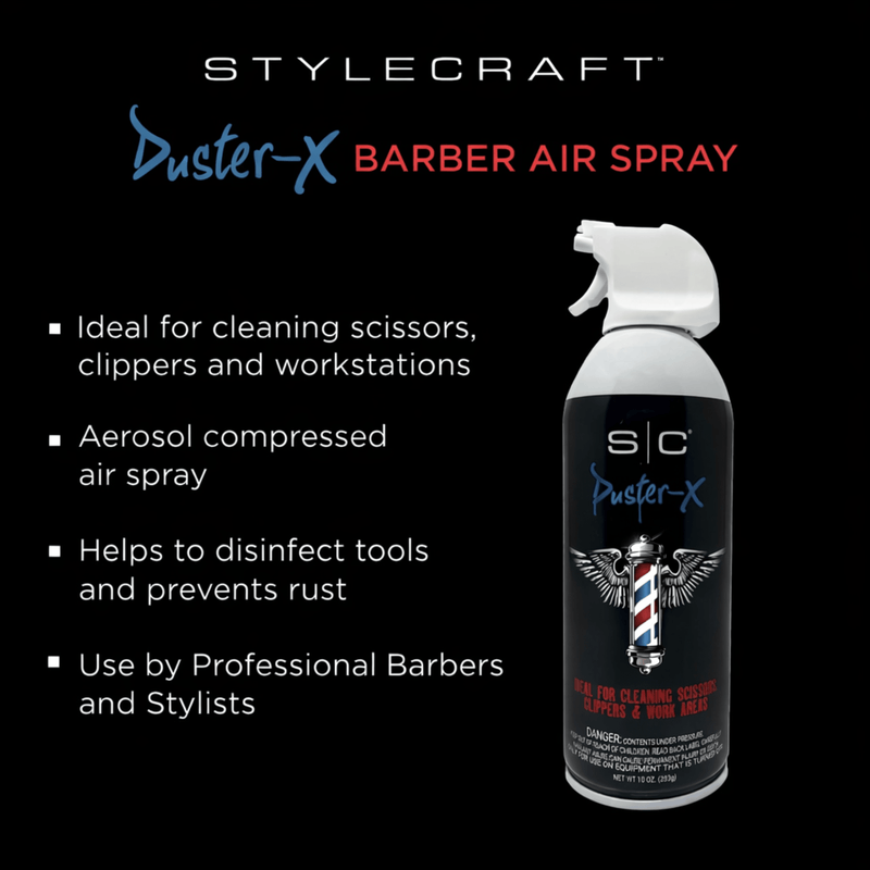 Barber air spray features for cleaning clippers scissors and workstation StyleCraft Duster X Primos Barber Supply