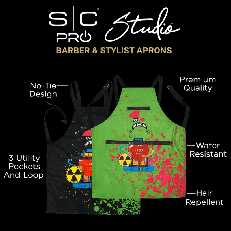 Two barber aprons with features highlighted on a black background, including 'S/C Pro Studio' branding.