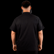 Black barber jacket back view professional barber apparel lightweight breathable fabric Primos Barber Supply