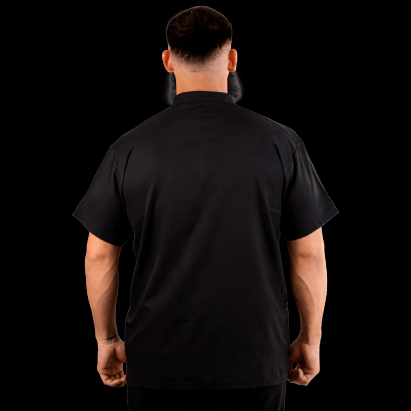 Black barber jacket back view professional barber apparel lightweight breathable fabric Primos Barber Supply