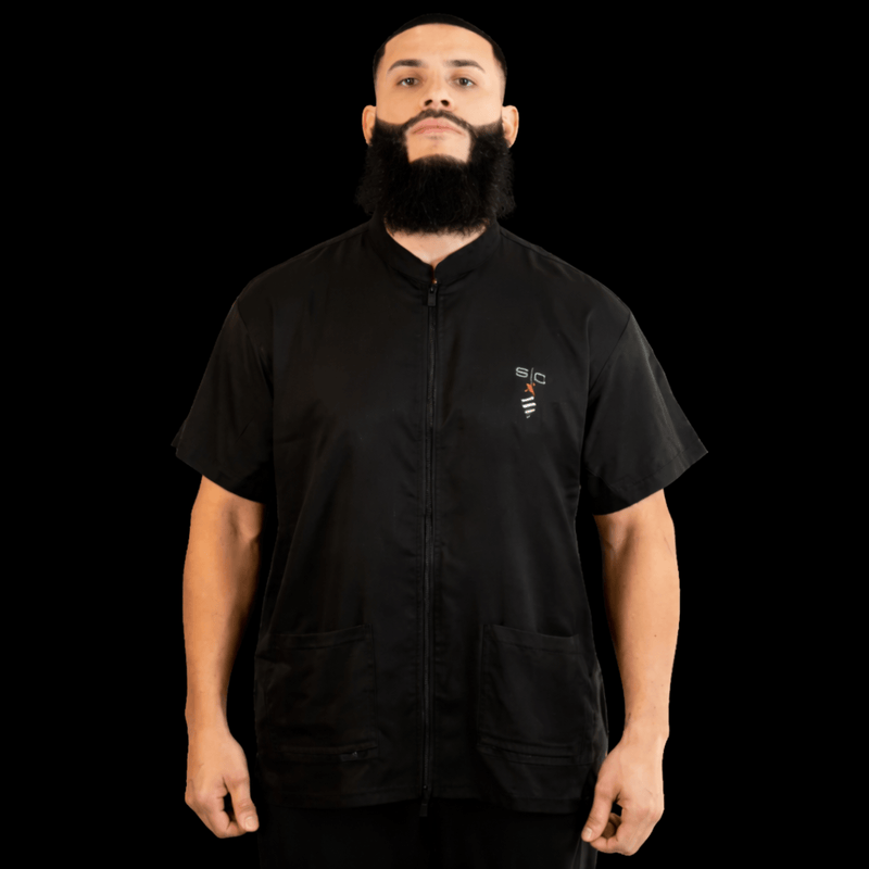 Black barber jacket front view lightweight professional uniform breathable barber wear Primos Barber Supply