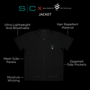 Barber jacket features lightweight breathable fabric mesh panels zipper pockets professional barber wear Primos Barber Supply