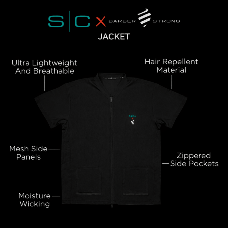 Barber jacket features lightweight breathable fabric mesh panels zipper pockets professional barber wear Primos Barber Supply