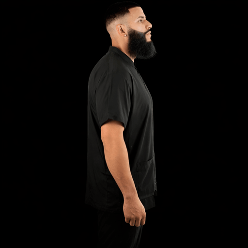 Black barber jacket side view breathable lightweight barber uniform for professionals Primos Barber Supply