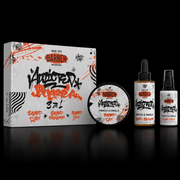 Barber product set with box, bottles, and a jar on a black background