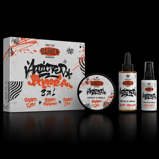 Barber product set with box, bottles, and a jar on a black background