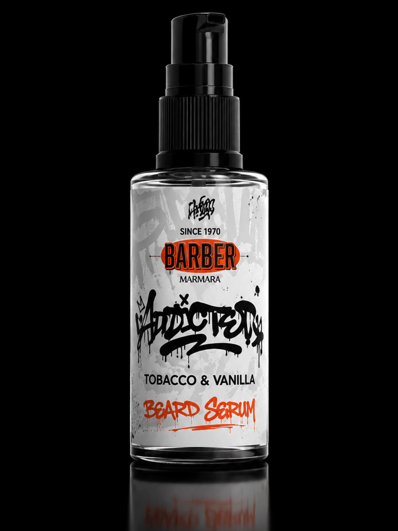 Bottle of 'Barber' Tobacco & Vanilla Beard Serum on a black background