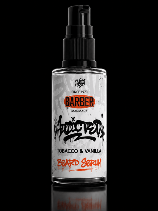 Bottle of 'Barber' Tobacco & Vanilla Beard Serum on a black background
