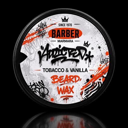 Beard wax container with 'Addicted' branding and colorful design on a black background