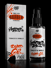 Beard oil packaging with brand logo and product name on a black background
