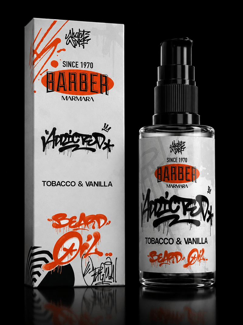 Beard oil packaging with brand logo and product name on a black background