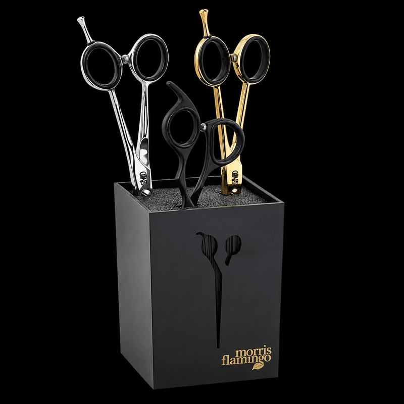 Barber Mate Shear Holder – scissors in black holder on dark background