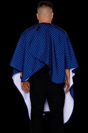 barber strong Blue pinstripe barber cape rear view primos