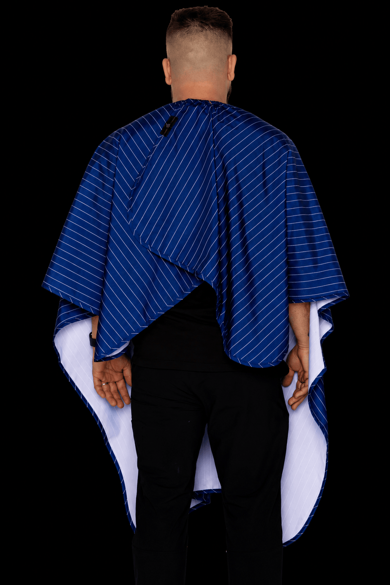barber strong Blue pinstripe barber cape rear view primos