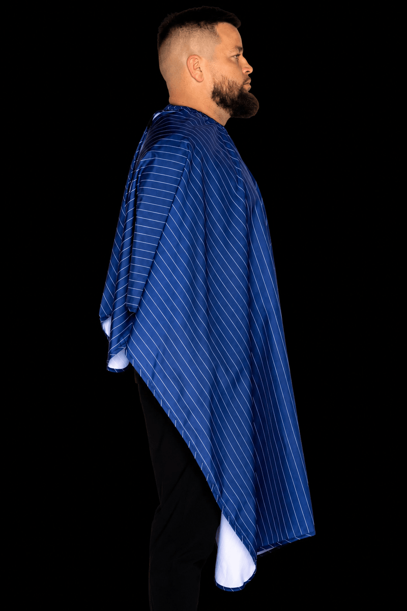 barber strong Blue pinstripe barber cape side profile at primos barber supply