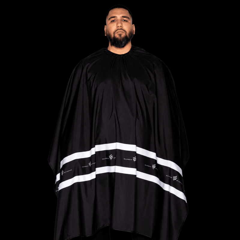 Barber Strong Cape XL – black with white stripes front overview