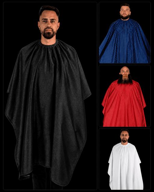 Barber Strong Classic Barber Cape collection – black, blue pinstripe, red pinstripe, and white color options