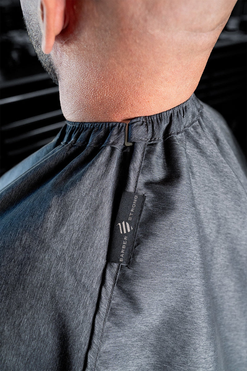 Barber Strong Classic Barber Cape Gunmetal Pinstripe – magnetic neck closure detail