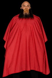 Red pinstripe barber cape front view professional barber cape primos
