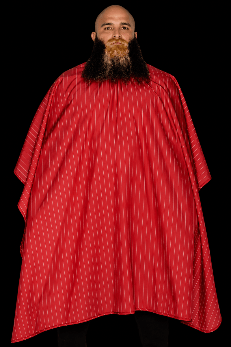 Red pinstripe barber cape front view professional barber cape primos