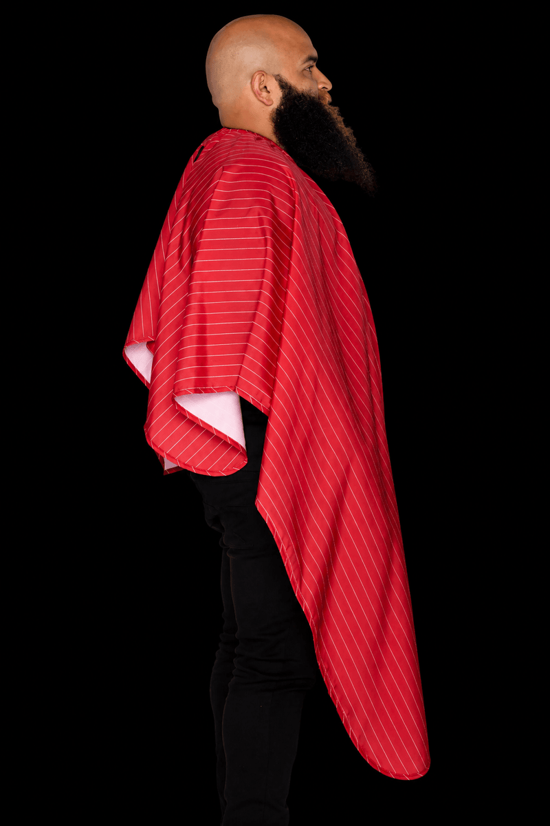 barber strong Red pinstripe barber cape side profile at primos barber supply