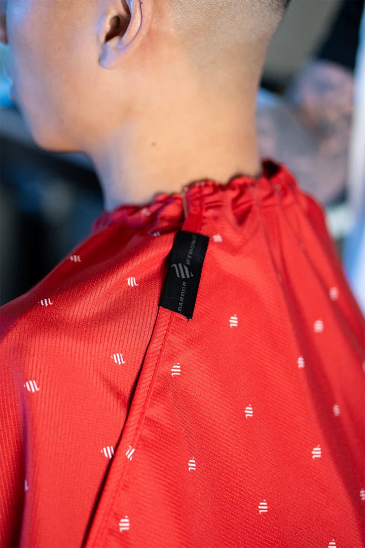 Barber Strong Shield Collection Barber Cape Red – neck closure detail