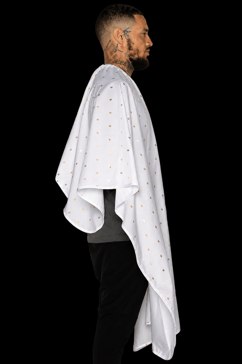 Barber Strong Shield Collection 24K White Gold barber cape side profile view