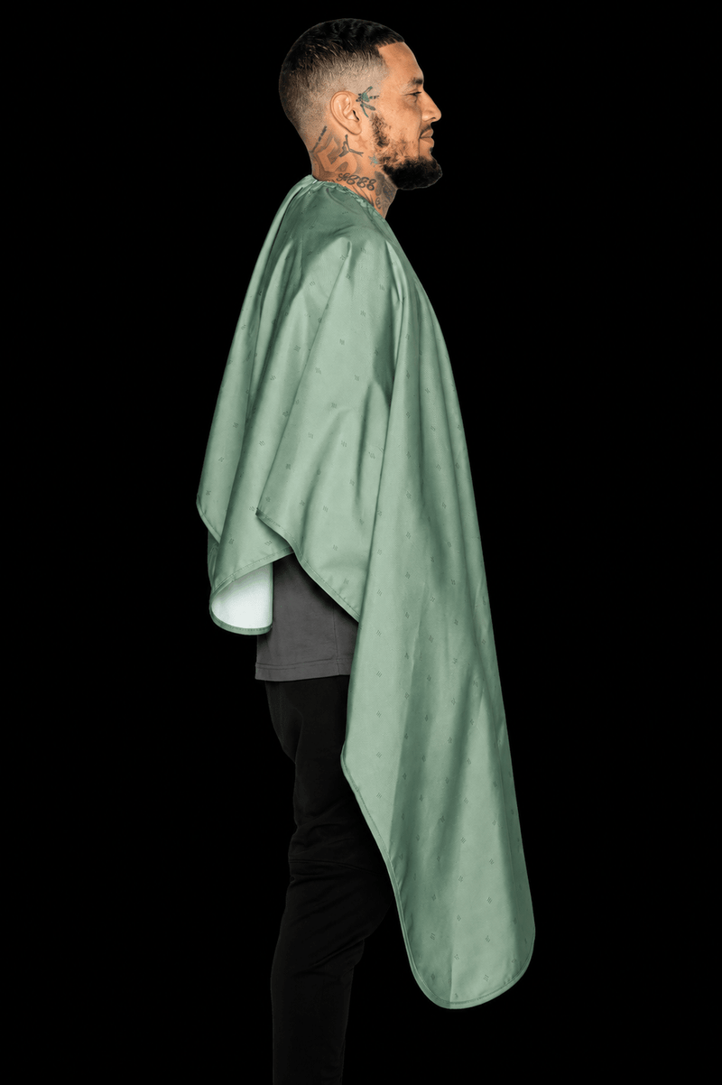 Barber Strong Shield Collection barber cape army green side profile view