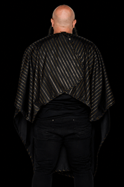 Barber Strong Shield Collection black barber cape with 24K gold pinstripes rear view
