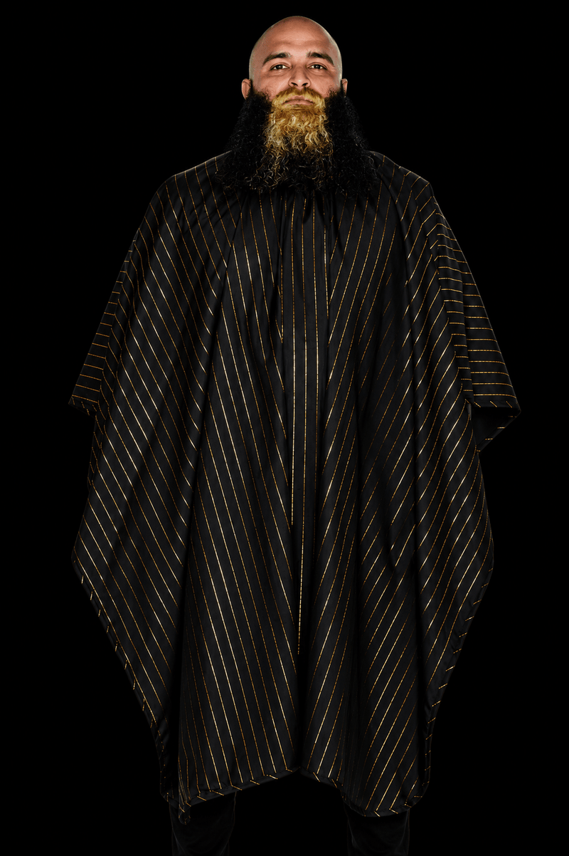 Barber Strong The Barber Cape Shield Collection black barber cape with 24K gold pinstripes front view