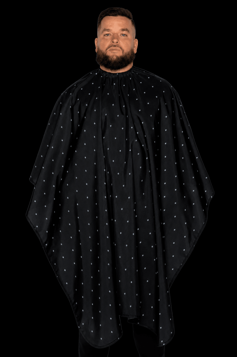 Barber Strong The Barber Cape Shield Collection barber cape in black front view