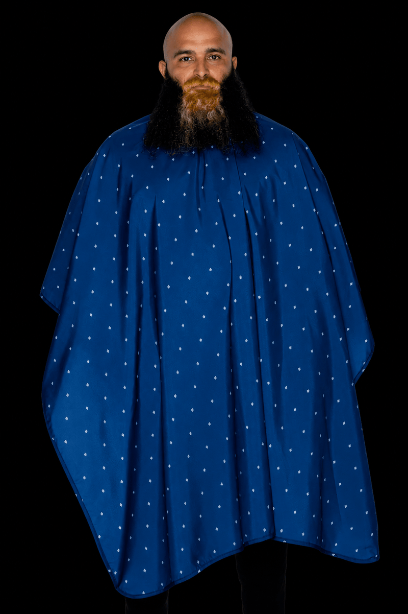 Barber Strong The Barber Cape Shield Collection barber cape in blue front view