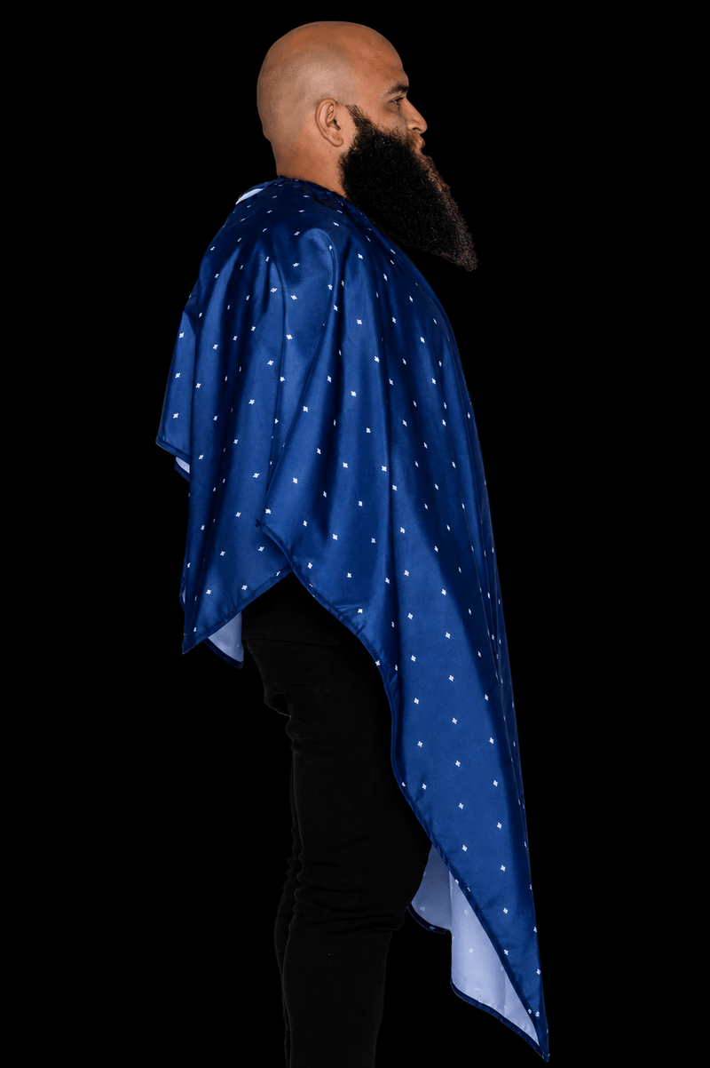 Barber Strong Shield Collection barber cape blue side profile view
