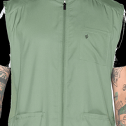 Barber Strong Vest Army Green 2XL pocket and zipper detail on a black background