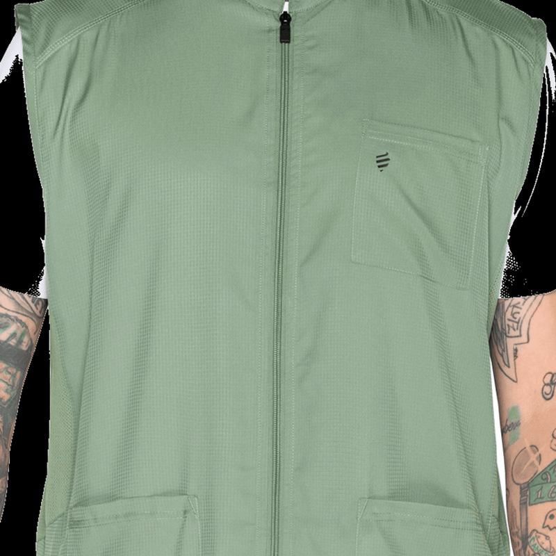 Barber Strong Vest Army Green 2XL pocket and zipper detail on a black background