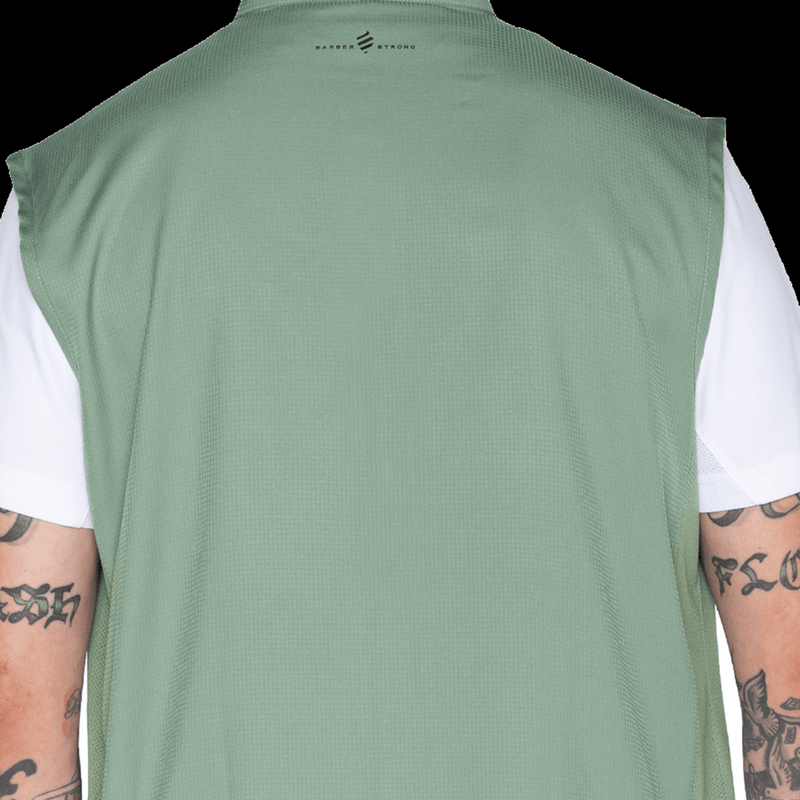 Barber Strong Vest Army Green Large fabric texture detail on a black background