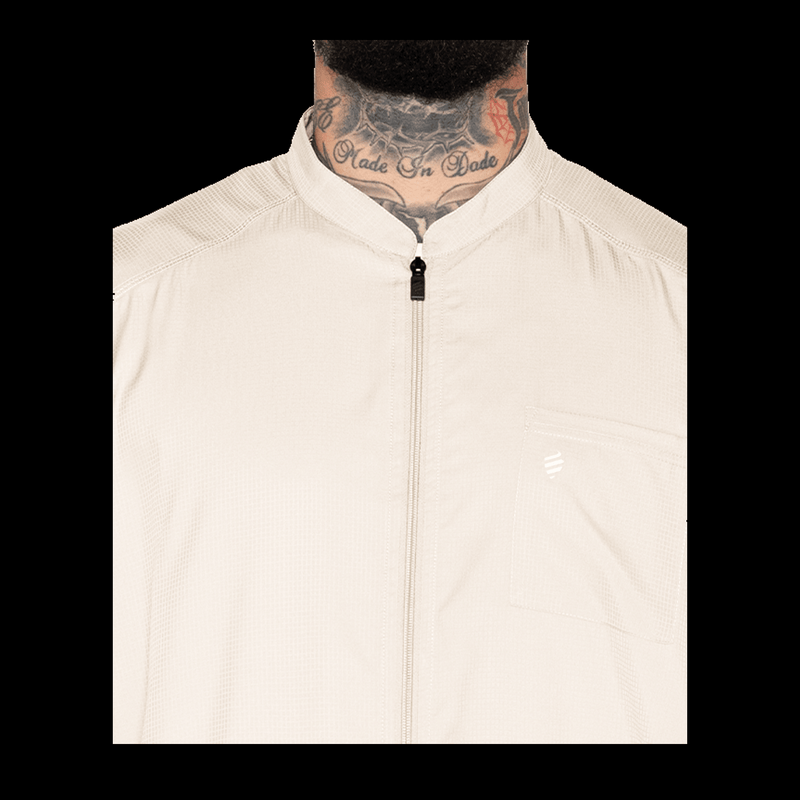 Barber Strong Vest Khaki Large zipper detail on a black background