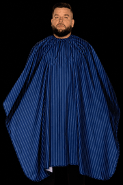 Blue pinstripe barber cape front view professional barber cape at primos barber supply