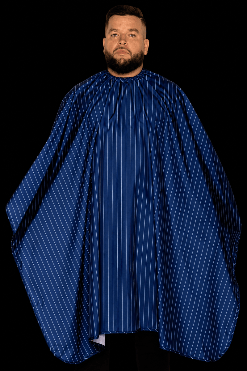 Blue pinstripe barber cape front view professional barber cape at primos barber supply