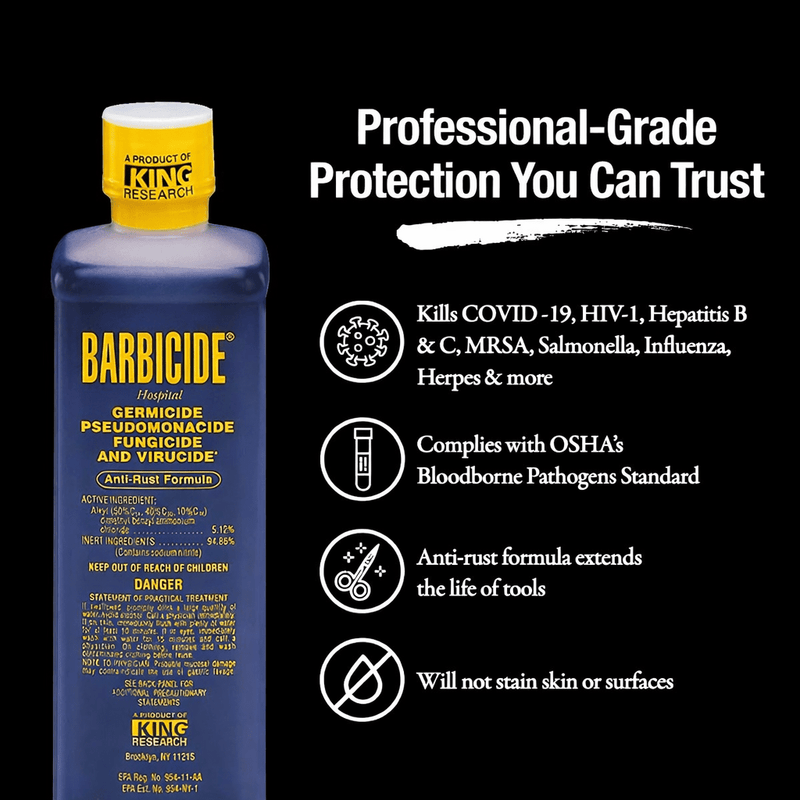 Barbicide Disinfectant 16oz – product features listed on black background