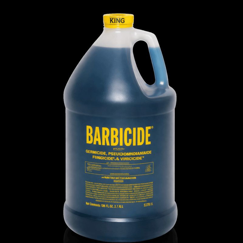 Barbicide bottle with yellow label on a black background