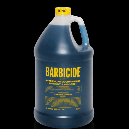 Barbicide bottle with yellow label on a black background