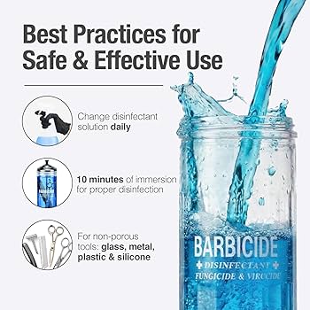 Proper use instructions for Barbicide barber disinfectant solution