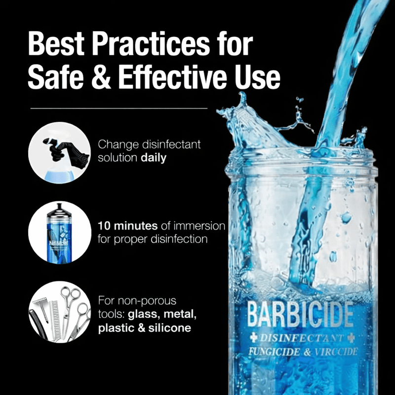 Barbicide disinfectant bottle with usage instructions on a black background