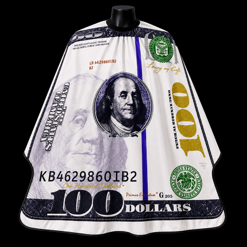 Benjamin Franklin $100 Bill Barber Cape - front-facing view showing the all-over hundred dollar bill print design on a lightweight water-resistant polyester cape