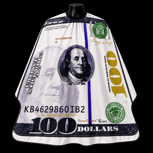 Benjamin Franklin $100 Bill Barber Cape - front-facing view showing the all-over hundred dollar bill print design on a lightweight water-resistant polyester cape