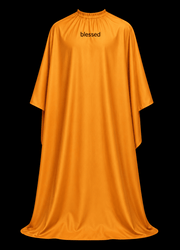 Blessed Capes Citrus barber cape in a solid orange color featuring lightweight water-resistant material and full professional coverage for barbers and stylists.