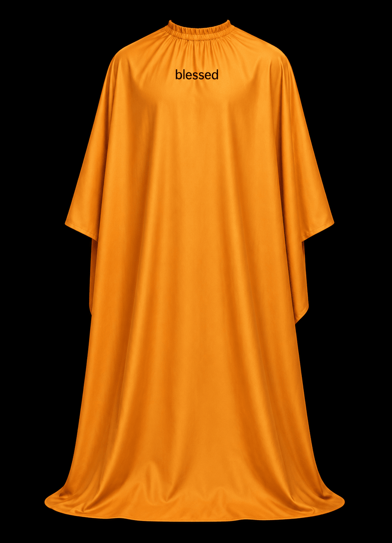 Blessed Capes Citrus barber cape in a solid orange color featuring lightweight water-resistant material and full professional coverage for barbers and stylists.