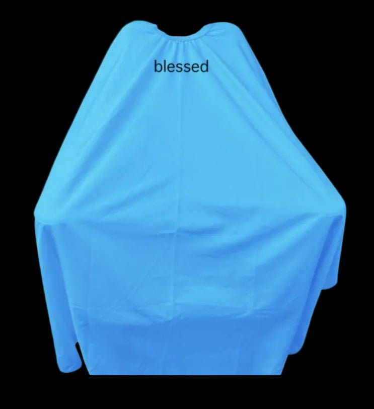 Blessed Capes Diamond barber cape in a solid sky blue color featuring lightweight water-resistant material and full professional coverage for barbers and stylists.