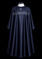 Blessed Capes Midnight barber cape in a deep navy blue color featuring lightweight water-resistant material and full professional coverage for barbers and stylists.